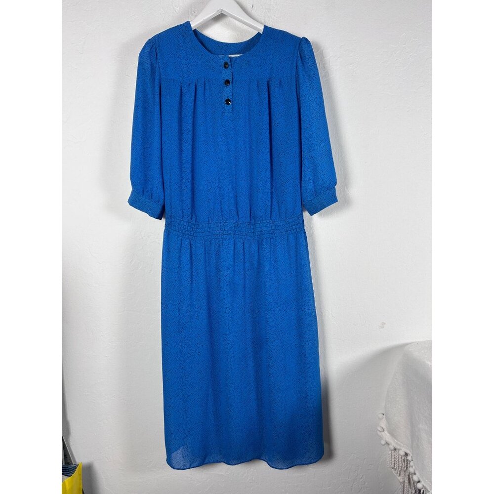 Vintage Breli Originals Union Made ILGWU Women Blue Polka Dot Midi Dress Size 12